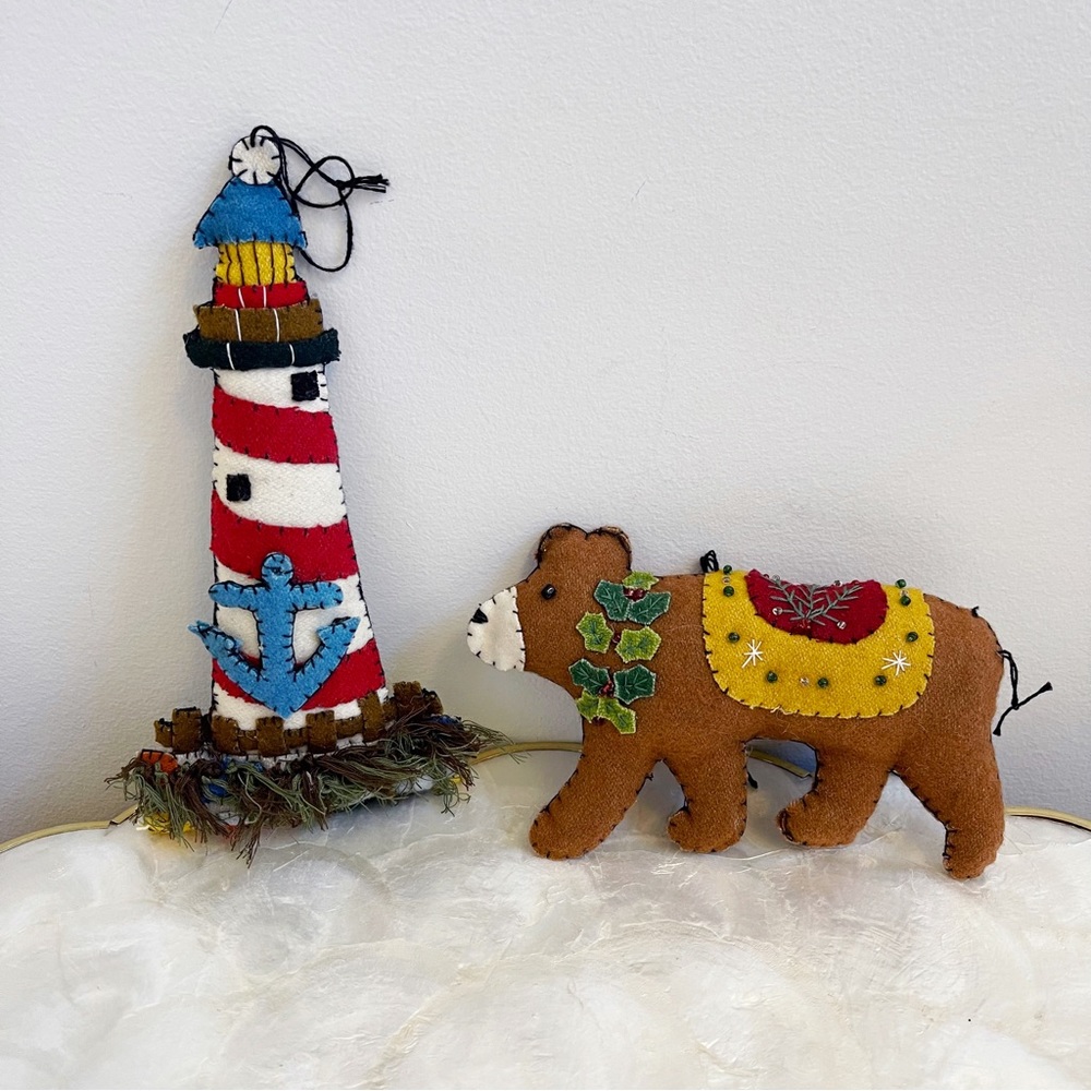 Handmade Felt Bear & Lighthouse Christmas Ornament Set